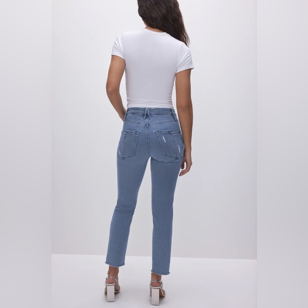 Good American Good Legs Straight High Rise Jeans in Distressed Blue, Size 4/27 - Picture 3 of 16